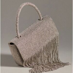 Anthropologie * Beaded Fringe Bag Silver Glass Beads NWT Crossbody
